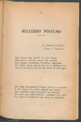 Recuerdo Póstumo : Al malogrado Payador Pablo J. Vázquez