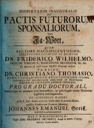 Tractatio iuridica de pactis futurorum sponsaliorum : Von Ja-Wort