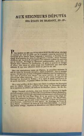 Aux Seigneurs Députés Des États de Brabant ...