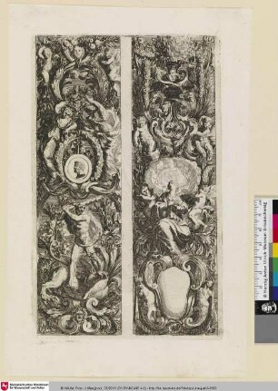 [Zwei Prospekte, links mit Herkules im Kampf mit der Hydra; Au bas du projet de droite, un petit vase de fleurs dans un ovale]