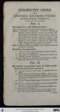 Conspectus Operis Pro Infima Grammatices In Duas Partes Distributi.