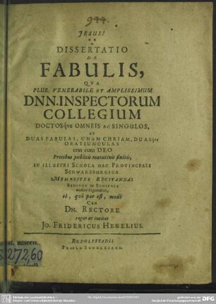 Dissertatio De Fabulis, Qua Plur. Venerabile Et Amplissimum Dnn. Inspectorum Collegium