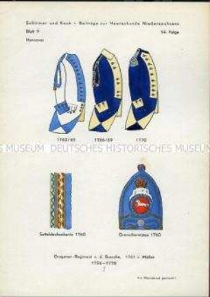 Uniformdarstellung, Detailstudie Uniformröcke, Satteldecke und Grenadiermütze des Dragoner-Regiments D III, Kurfürstentum Hannover, 1756/1770.