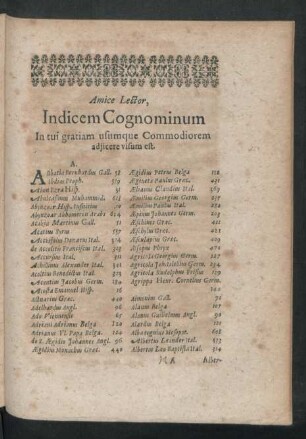 Amice Lector, Indicem Cognominum In tui gratiam usumque Commodiorem adiicere visum est