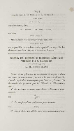 Solution des questions de géométrie élémentaire proposées par M. Casimir Rey.