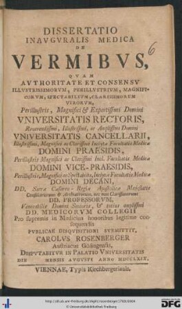 Dissertatio Inavgvralis Medica De Vermibvs