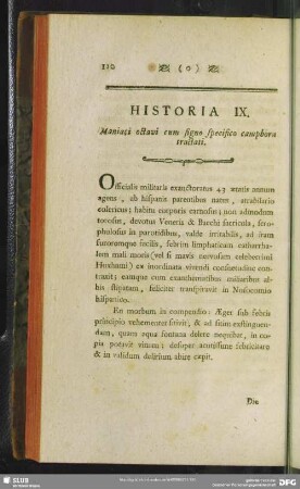 Historia IX. Maniaci octavi cum signo specifico camphora tractati