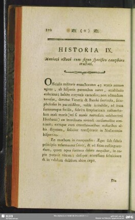 Historia IX. Maniaci octavi cum signo specifico camphora tractati