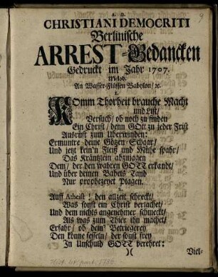 Christiani Democriti Berlinische Arrest-Gedancken
