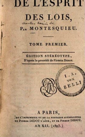 De l'esprit des lois, Tome Premier