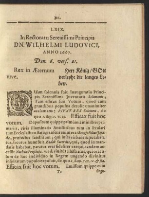 LXIX. In Rectoratu Serenissimi Principis Dn. Wilhelmi Ludovici, Anno 1667. Dan. 6. vers. 21.