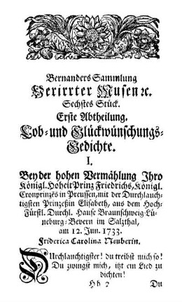 Erste Abtheilung. Lob- und Glückwünschungs-Gedichte.