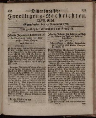 XLVII. Stück: Sonnabends: den 23. November 1776.