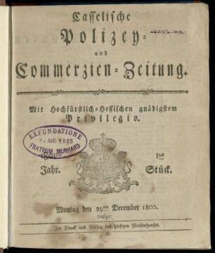 1tes Stueck, Montag den 29ten December 1800 (1801)