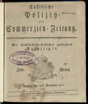 1tes Stueck, Montag den 29ten December 1800 (1801)