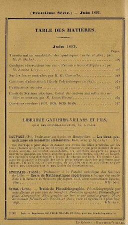 Table des matières. Juin 1893.