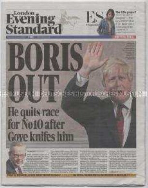 Kostenlose Londoner Abendzeitung "London Evening Standard" zum Rückzug des "Brexit"-Initiators Johnson aus der Politik