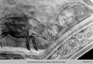 Biblische und hagiographische Szenen, Fabeln, Jagd-, Kampf- und Monatsdarstellungen (v. d. Rest. 1978/79) : Fabel vom Eber und Hund von Aesop