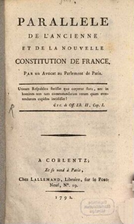 Parallele de l'ancienne et de la nouvelle constitution francaise