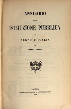 Annuario della istruzione pubblica del Regno d'Italia : per ... 1863/64, 1863/64 (1864)