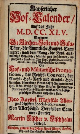 Chur-bayrischer Hof-Calender und Schematismus : auf das Jahr .... 1745
