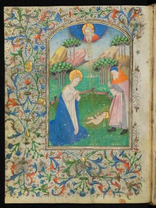 Vollbordürenseite mit Miniatur (Geburt Christi) und Blattrankenbordüre