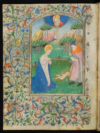 Vollbordürenseite mit Miniatur (Geburt Christi) und Blattrankenbordüre