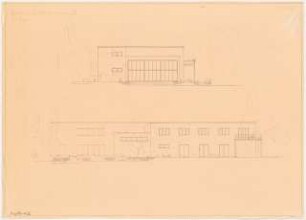 Gymnastikschule am See Monatskonkurrenz Dezember 1932: Aufriss Gartenansicht, Seitenansicht 1:100