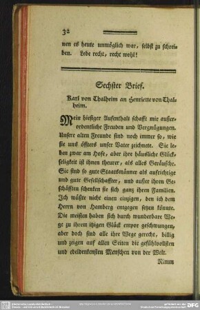 Sechster Brief. Karl von Thalheim an Henriette von Thalheim