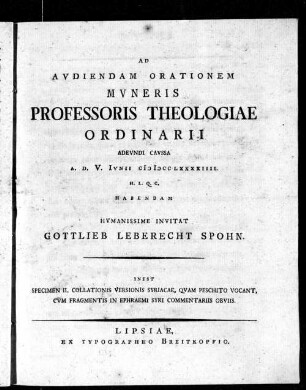 2: Collatio versionis Syriacae quam peschito vocant : cum fragmentis in commentariis Ephraemi Syri obviis