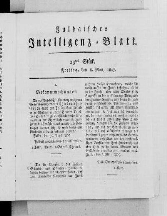 19tes Stück, Ausgabe vom 8. May, 1807