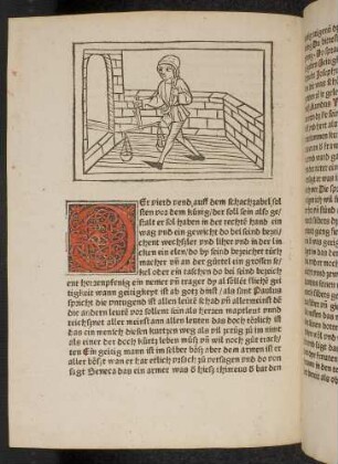 Figur (Der vierte Vend) mit Waage und Stock als Attribute (Leihgeber, Tuchhändler, Einnehmer); D-Initiale