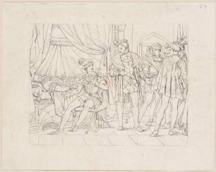 Zu Shakespeares "König Heinrich IV.", Teil 2, Blatt 10, 4. Akt, 4. Szene: Prinz Heinrich am Bett des schlafendem Königs