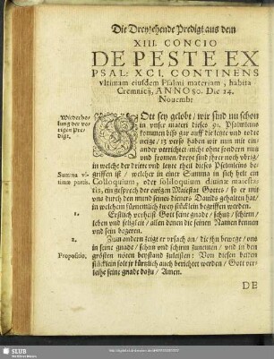 XIII. Concio De Peste Ex Psal: XCI. Continens ultimam eiusdem Psalmi materiam, habita Cremnicii, Anno 80. Die 24. Novemb: