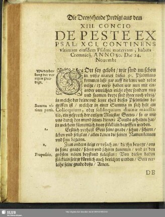 XIII. Concio De Peste Ex Psal: XCI. Continens ultimam eiusdem Psalmi materiam, habita Cremnicii, Anno 80. Die 24. Novemb: