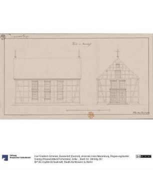 Baarenhof (Dworek), ehemals Kreis Marienburg, Regierungsbezirk Danzig (Województwot Pomorskie). Entwurf zur evangelischen Kirche. Vorder- und Seitenansicht