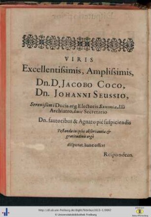 Viris excellentissimis, amplissimis Dn. D. Jacobo Coco…