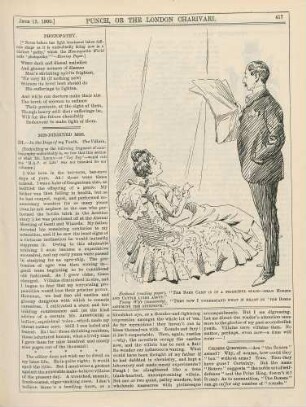 Bildunterschrift: Husband (reading paper). "The Boer camp is in a frightful state - dead horses and cattle lying about." Young Wife (innocently). "Then now I understand what is meant by 'the Boers assuming the offensive'."
