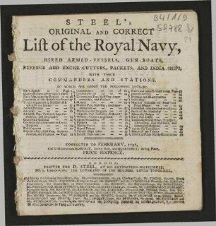 Steel's Original and Correct List of the Royal Navy, hired Armed-Vessels, Gun-Boats, Revenue and Excise Cutters, and Packets, with their Commanders and Stations. - Corrected to February, 1797
