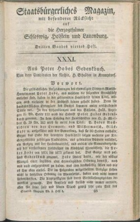 XXXI. Aus Peter Hobes Gedenkbuch. Von dem Candidaten der Rechte, H. Schröder in Krempdorf.