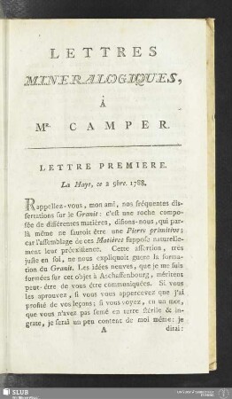 Lettre Premiere. La Haye, ce 2 9bre. 1788