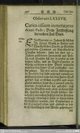 Observatio LXXXVII. Caries ossium in metatarso dextri Pedis; Bein Zerfressung des rechten Fuß-Blats