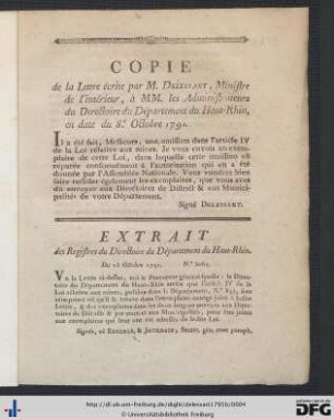 Copie de la Lettre écrite par M. Delessart, Ministre de l'interieur, à MM. les Administrateurs du Directoire du Département du Haut-Rhin, en date du 8. Octobre 1791.