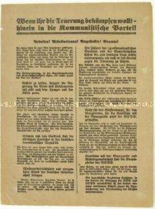 Flugblatt der KPD zum Zusammenschluss von SPD und USPD und Aufruf zum Beitritt