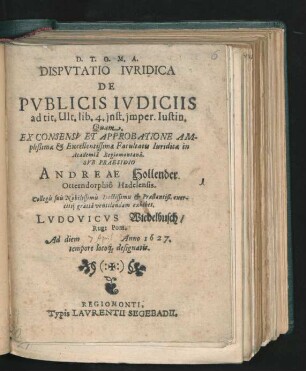 Disputatio Iuridica De Publicis Iudiciis ad tit. Ult. lib. 4. inst. imper. Iustin.