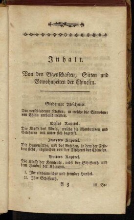 Inhalt. Von den Eigenschaften, Sitten und Gewohnheiten der Chinesen.