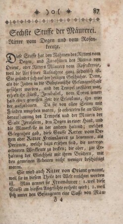 Sechste Stuffe der Mäurerei. Ritter vom Degen und vom Rosenkreuze