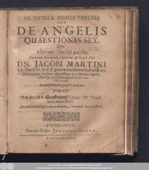 De Tutela Mundi Publica Seu De Angelis Quaestiones Sex,