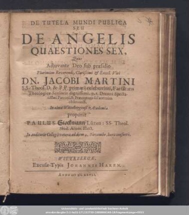De Tutela Mundi Publica Seu De Angelis Quaestiones Sex,