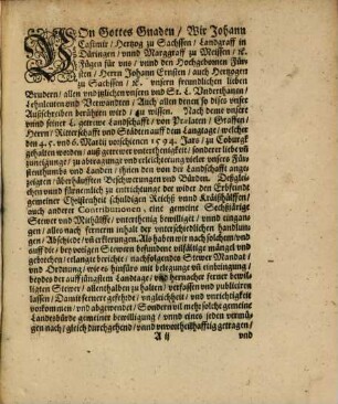 Außschreiben vnnd erklerunge, welcher gestalt, vnnd zu was Terminen, die auff jüngstem, dem 4. 5. vnd 6. Martij, deß verschienen 1594. Jars, zu Coburgk gehaltenem Landtage, bewilligte Sechßjärige Landstewer, Deßgleichen die Hernach erfolgte erhöhunge derselben, angeleget, gegeben, vnnd eingebracht werden soll : [... Geben in vnserer Ehrenburgk zu Coburgk, am 23. Octobris, Anno 1595.]